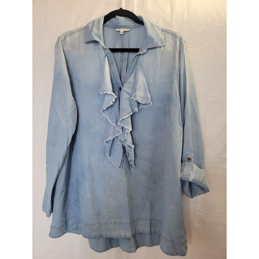 John Mark Button Front Tunic Top Blouse Size L Light Blue Ruffled & Button Down